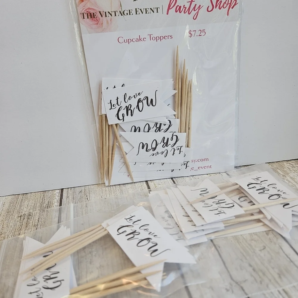 Let Love Grow Cupcake Toppers - Black and White